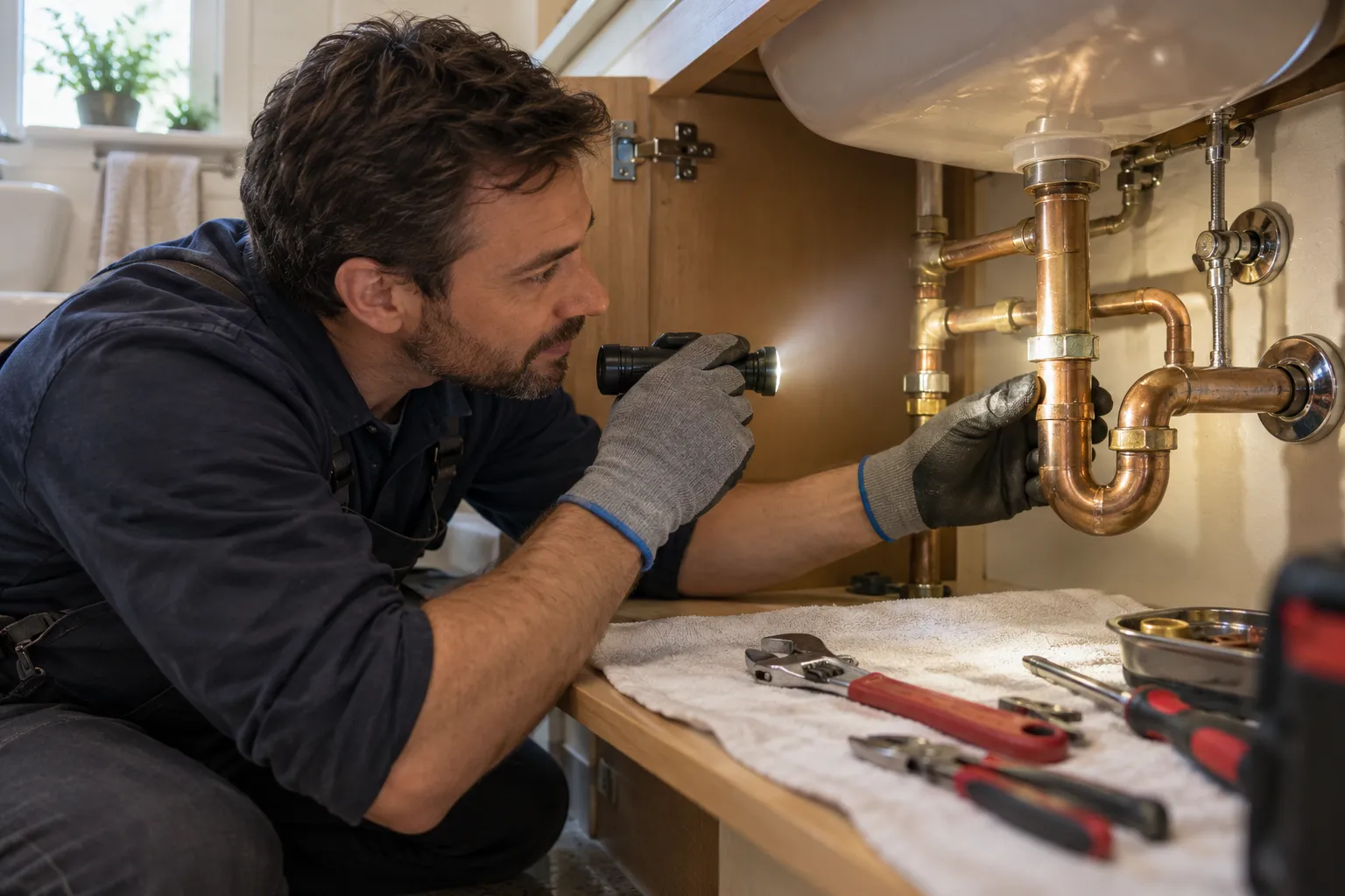 A local provider checking a pipe under a sink in the Johns Creek area